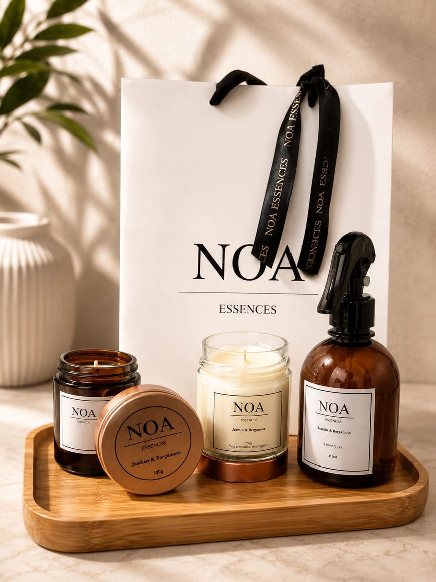 Vela, difusor e home spray NOA Essences sobre uma bandeja de madeira